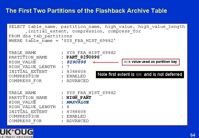 The First Two Partitions of the Flashback Archive Table SELECT table_name, partition_name, high_value_length , The First Two Partitions of the Flashback Archive Table SELECT table_name, partition_name, high_value_length ,
