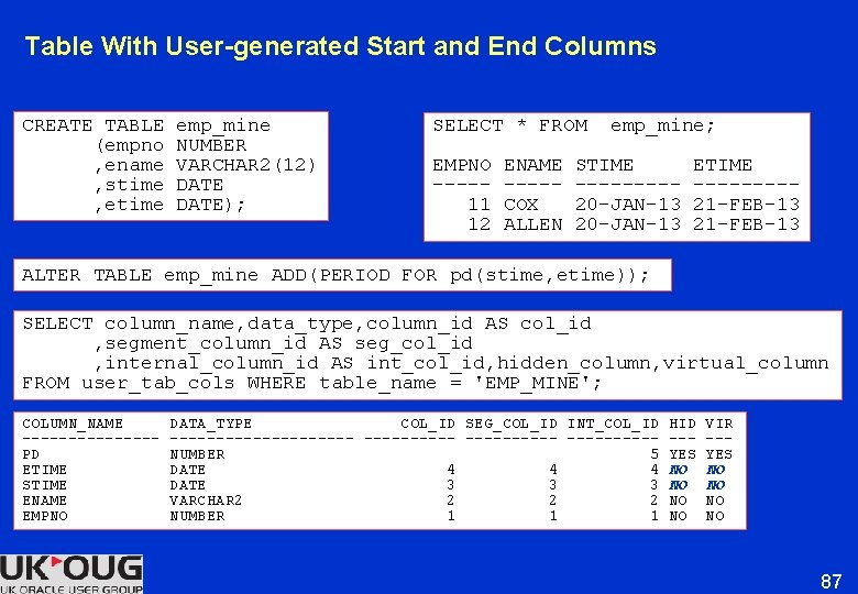 Table With User-generated Start and End Columns CREATE TABLE (empno , ename , stime Table With User-generated Start and End Columns CREATE TABLE (empno , ename , stime