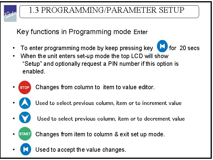 1. 3 PROGRAMMING/PARAMETER SETUP Key functions in Programming mode Enter • To enter programming