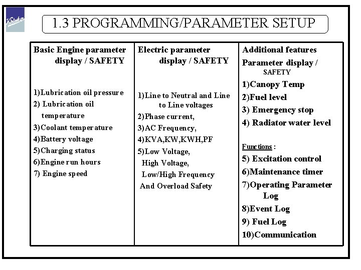 1. 3 PROGRAMMING/PARAMETER SETUP Basic Engine parameter display / SAFETY Electric parameter display /