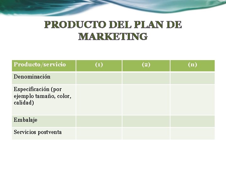 PRODUCTO DEL PLAN DE MARKETING Producto/servicio Denominación Especificación (por ejemplo tamaño, color, calidad) Embalaje