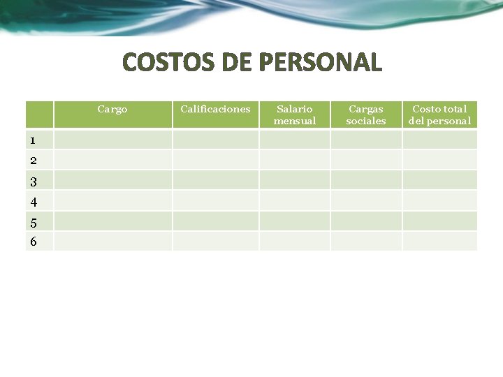 COSTOS DE PERSONAL Cargo 1 2 3 4 5 6 Calificaciones Salario mensual Cargas