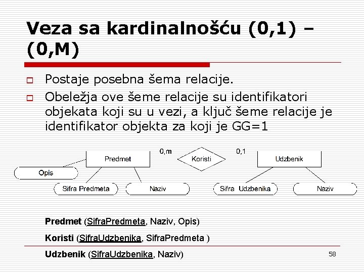Veza sa kardinalnošću (0, 1) – (0, M) o o Postaje posebna šema relacije.