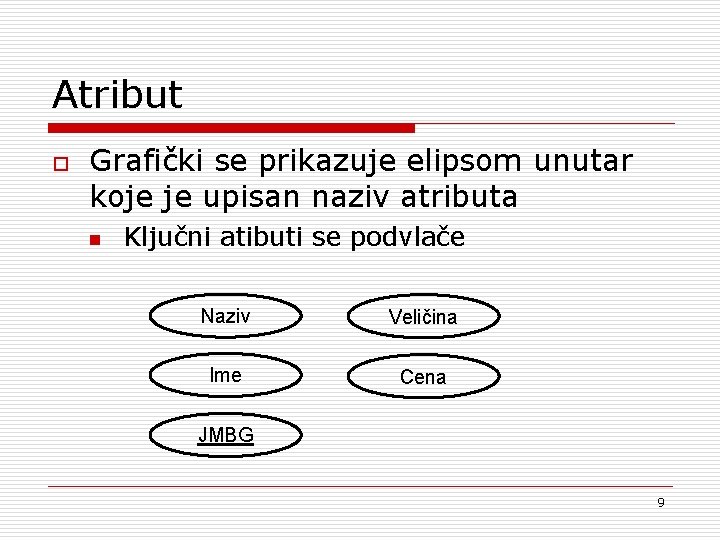 Atribut o Grafički se prikazuje elipsom unutar koje je upisan naziv atributa n Ključni