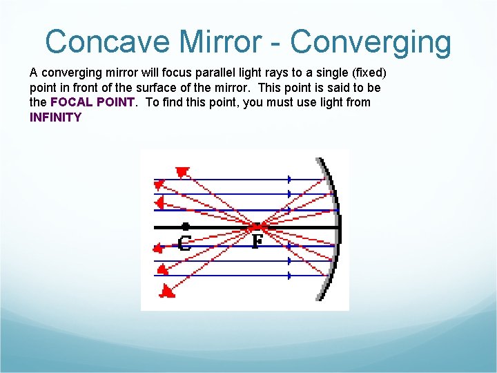 Concave Mirror - Converging A converging mirror will focus parallel light rays to a
