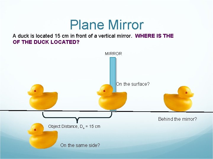 Plane Mirror A duck is located 15 cm in front of a vertical mirror.