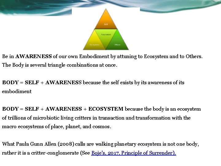 Be in AWARENESS of our own Embodiment by attuning to Ecosystem and to Others.