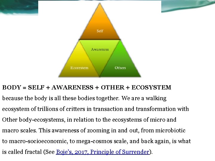 BODY = SELF + AWARENESS + OTHER + ECOSYSTEM because the body is all