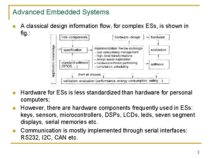 Advanced Embedded Systems n A classical design information flow, for complex ESs, is shown