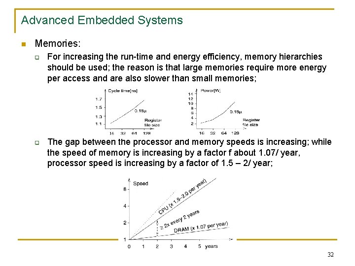 Advanced Embedded Systems n Memories: q q For increasing the run-time and energy efficiency,