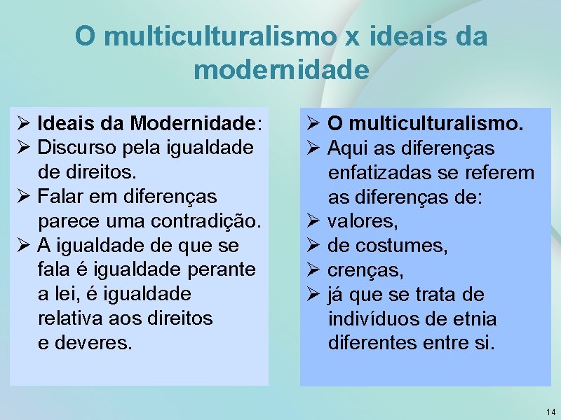 O multiculturalismo x ideais da modernidade Ø Ideais da Modernidade: Ø Discurso pela igualdade