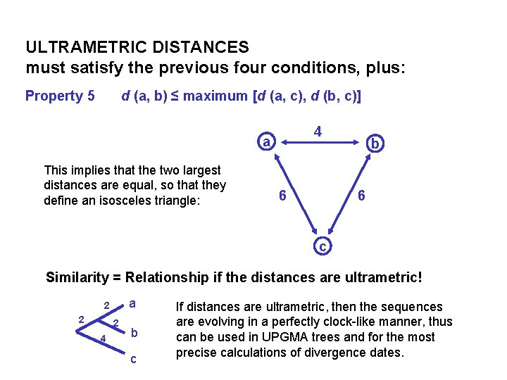 ULTRAMETRIC DISTANCES must satisfy the previous four conditions, plus: Property 5 d (a, b)