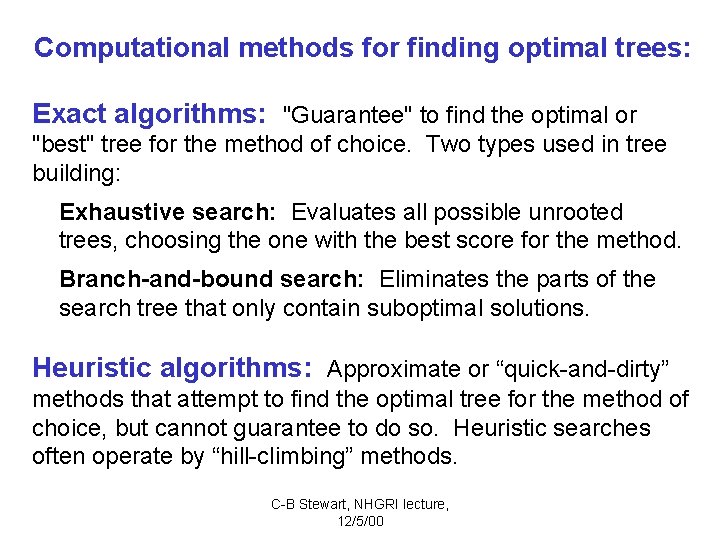 Computational methods for finding optimal trees: Exact algorithms: "Guarantee" to find the optimal or