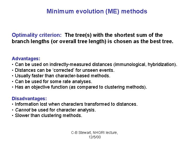 Minimum evolution (ME) methods Optimality criterion: The tree(s) with the shortest sum of the