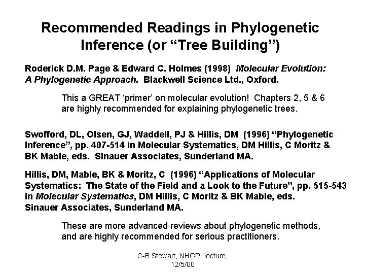 Recommended Readings in Phylogenetic Inference (or “Tree Building”) Roderick D. M. Page & Edward