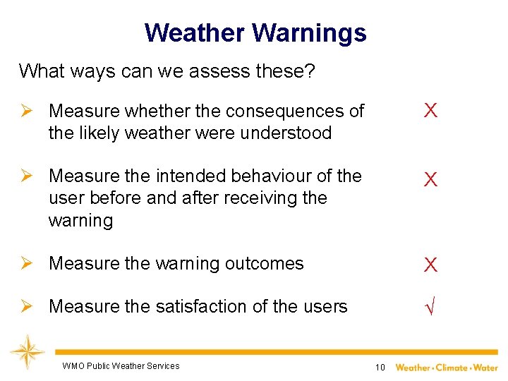 Weather Warnings What ways can we assess these? Ø Measure whether the consequences of