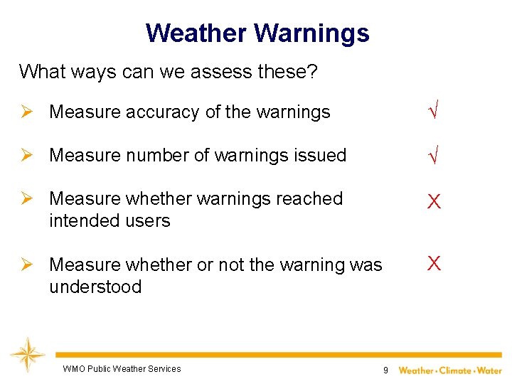 Weather Warnings What ways can we assess these? Ø Measure accuracy of the warnings