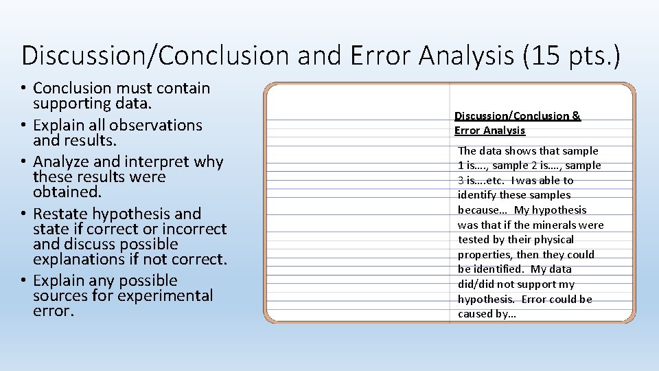 Discussion/Conclusion and Error Analysis (15 pts. ) • Conclusion must contain supporting data. •