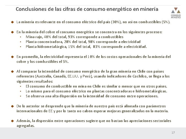 Conclusiones de las cifras de consumo energético en minería u La minería es relevante