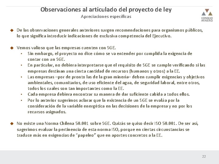 Observaciones al articulado del proyecto de ley Apreciaciones específicas u De las observaciones generales