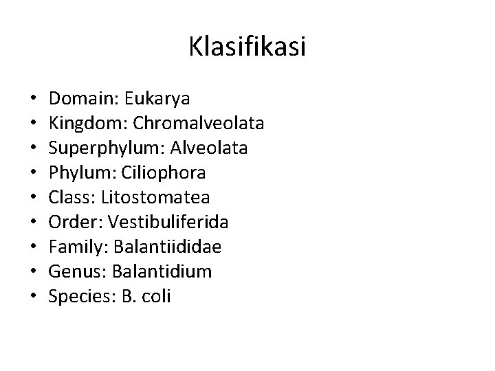 Klasifikasi • • • Domain: Eukarya Kingdom: Chromalveolata Superphylum: Alveolata Phylum: Ciliophora Class: Litostomatea
