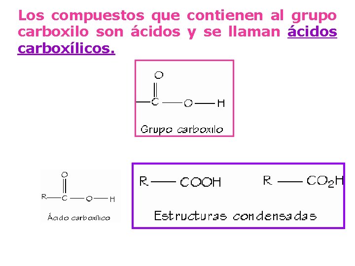 Los compuestos que contienen al grupo carboxilo son ácidos y se llaman ácidos carboxílicos.