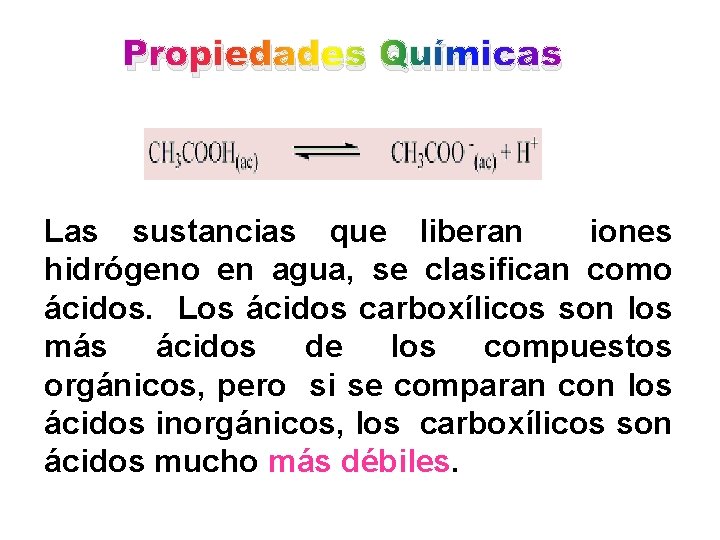 Propiedades Químicas Las sustancias que liberan iones hidrógeno en agua, se clasifican como ácidos.