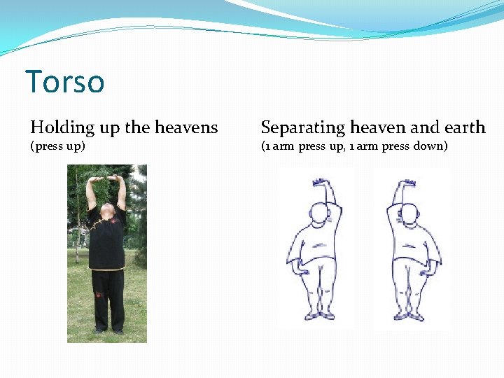 Torso Holding up the heavens (press up) Separating heaven and earth (1 arm press