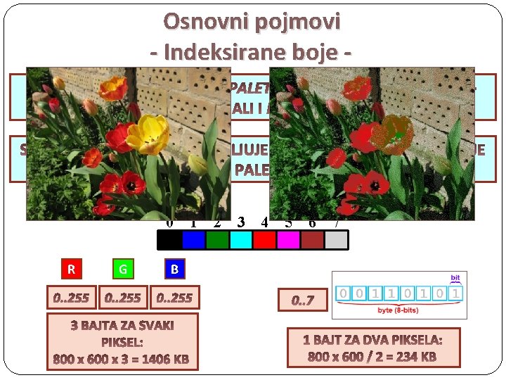 Osnovni pojmovi - Indeksirane boje OGRANIČENE PALETE SA MALIM BROJEM BOJA MANJU DATOTEKU MANJE