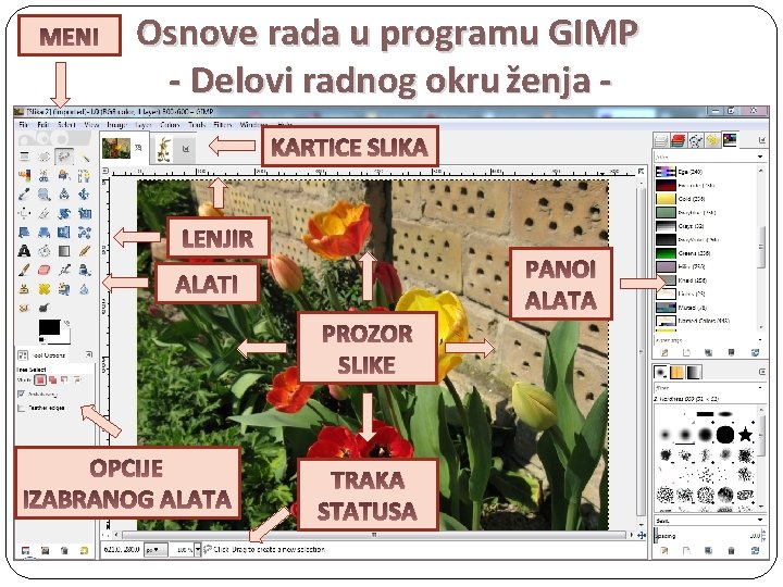 MENI Osnove rada u programu GIMP - Delovi radnog okru ženja KARTICE SLIKA LENJIR