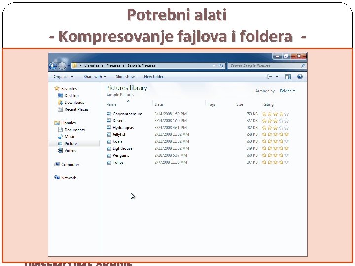 Potrebni alati - Kompresovanje fajlova i foldera POMOĆU NAMENSKIH PROGRAMA: 1. 2. 3. 4.