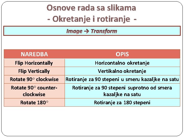 Osnove rada sa slikama - Okretanje i rotiranje Image → Transform NAREDBA OPIS Flip