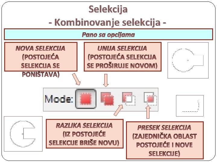 Selekcija - Kombinovanje selekcija Pano sa opcijama NOVA SELEKCIJA UNIJA SELEKCIJA RAZLIKA SELEKCIJA PRESEK