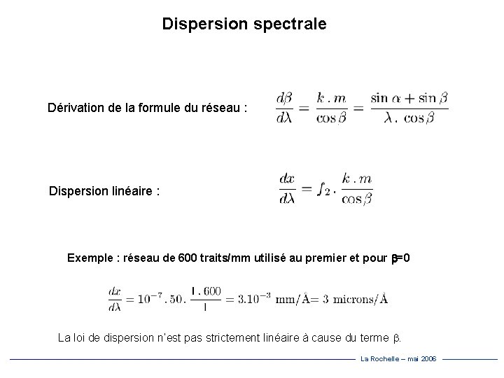 Dispersion spectrale Dérivation de la formule du réseau : Dispersion linéaire : Exemple :