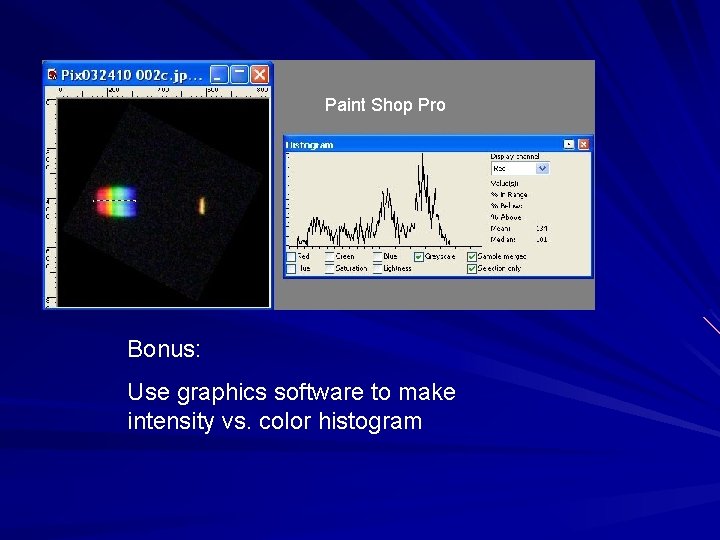 Paint Shop Pro Bonus: Use graphics software to make intensity vs. color histogram 