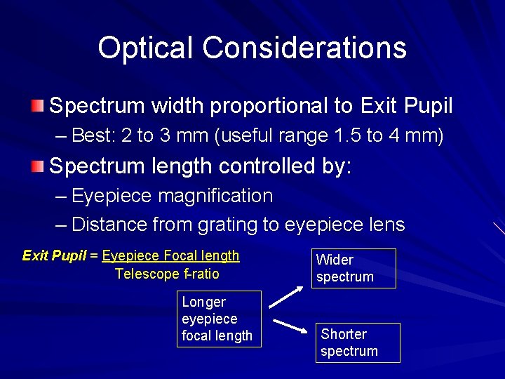 Optical Considerations Spectrum width proportional to Exit Pupil – Best: 2 to 3 mm