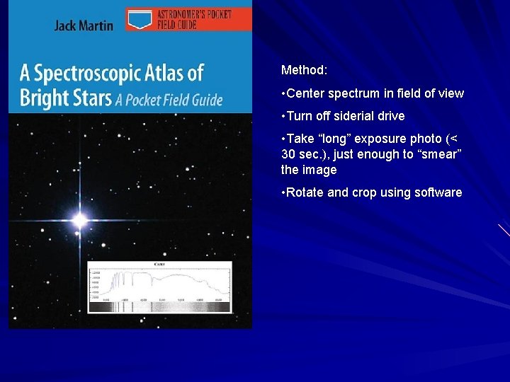 Method: • Center spectrum in field of view • Turn off siderial drive •