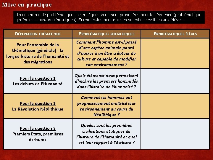 Mise en pratique Un ensemble de problématiques scientifiques vous sont proposées pour la séquence