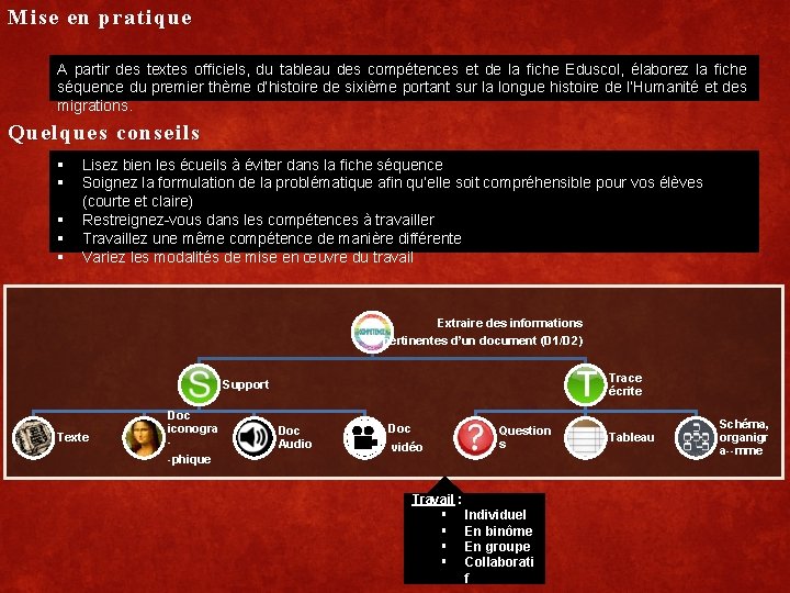 Mise en pratique A partir des textes officiels, du tableau des compétences et de