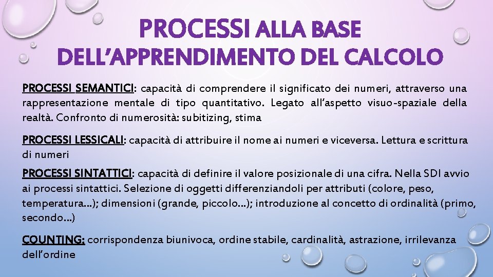 PROCESSI ALLA BASE DELL’APPRENDIMENTO DEL CALCOLO PROCESSI SEMANTICI: capacità di comprendere il significato dei