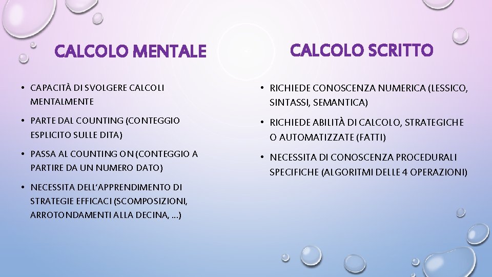 CALCOLO MENTALE CALCOLO SCRITTO • CAPACITÀ DI SVOLGERE CALCOLI MENTALMENTE • RICHIEDE CONOSCENZA NUMERICA