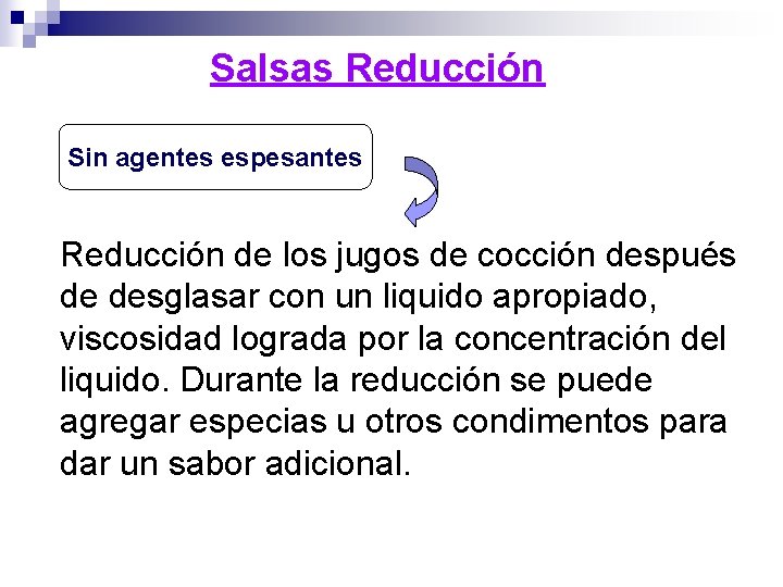 Salsas Reducción Sin agentes espesantes Reducción de los jugos de cocción después de desglasar