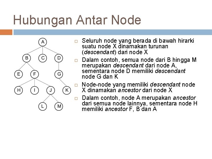 Hubungan Antar Node Seluruh node yang berada di bawah hirarki suatu node X dinamakan