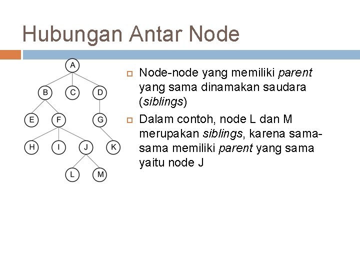 Hubungan Antar Node-node yang memiliki parent yang sama dinamakan saudara (siblings) Dalam contoh, node
