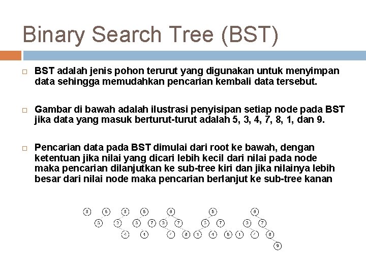 Binary Search Tree (BST) BST adalah jenis pohon terurut yang digunakan untuk menyimpan data