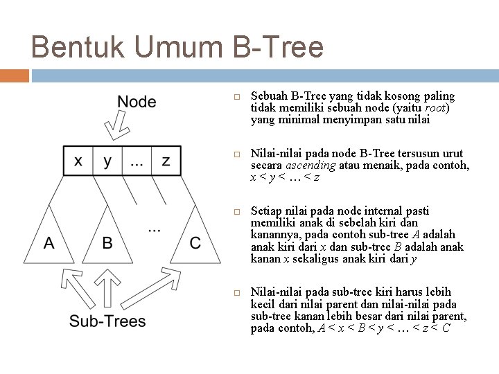 Bentuk Umum B-Tree Sebuah B-Tree yang tidak kosong paling tidak memiliki sebuah node (yaitu