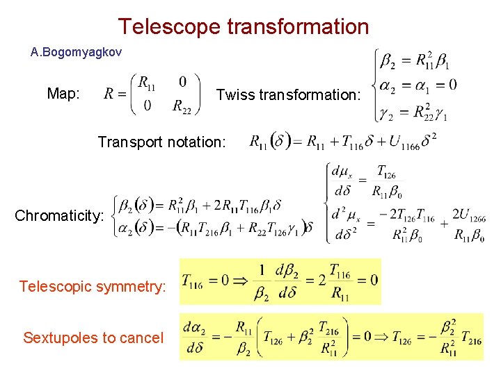 Telescope transformation A. Bogomyagkov Map: Twiss transformation: Transport notation: Chromaticity: Telescopic symmetry: Sextupoles to