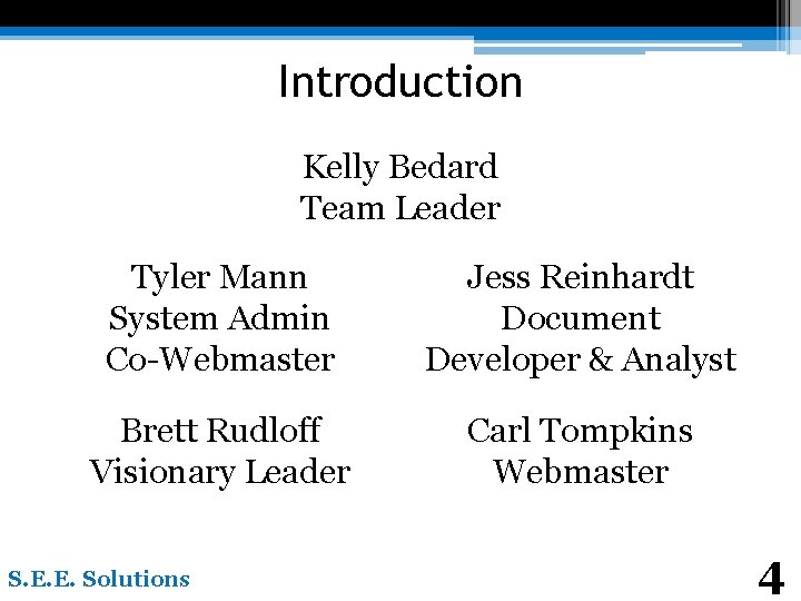 Introduction Kelly Bedard Team Leader Tyler Mann System Admin Co-Webmaster Jess Reinhardt Document Developer