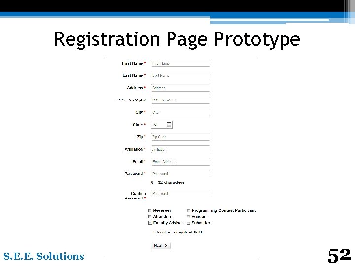 Registration Page Prototype S. E. E. Solutions 52 