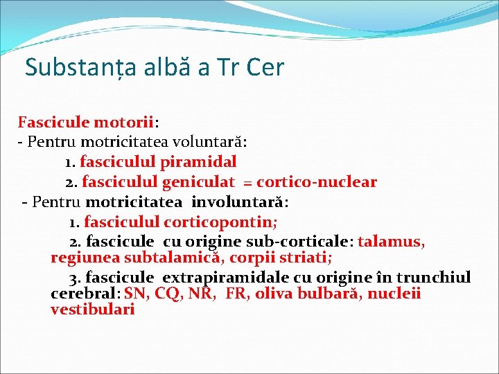 Substanța albă a Tr Cer Fascicule motorii: - Pentru motricitatea voluntară: 1. fasciculul piramidal